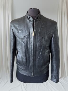 Men's Vintage Black Leather Bomber Jacket, 40, M